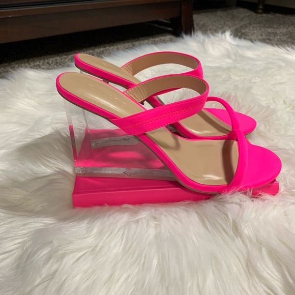 Wild Diva Shoes - Hot Pink With Clear Heel Heels